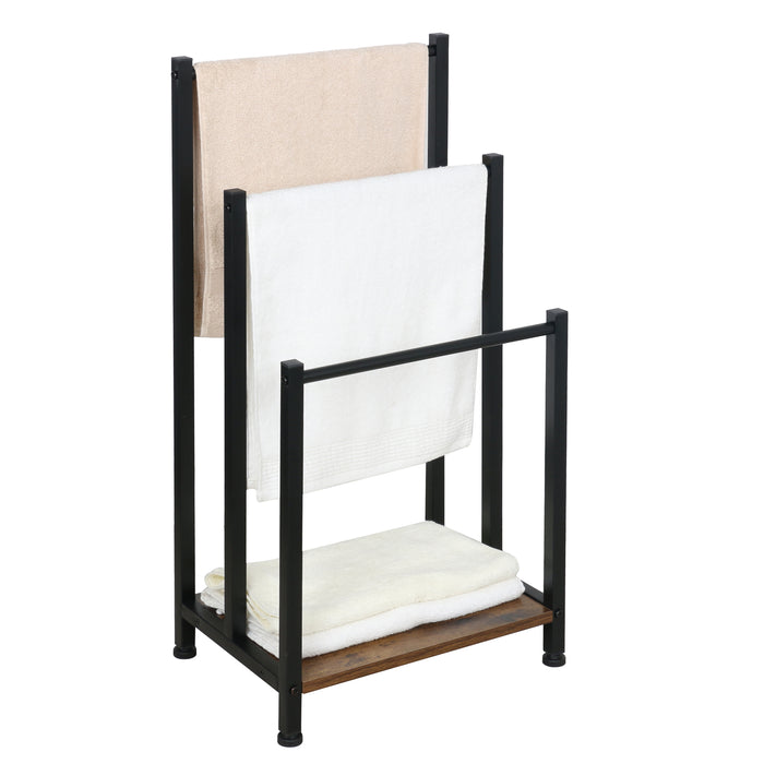 Porte-serviettes Niceey - 3 bras avec étagère de rangement - Métal et bois - Noir