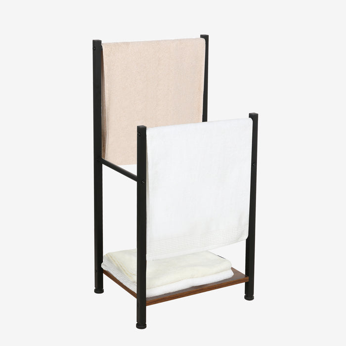 Porte-serviettes Niceey - 2 bras avec étagère de rangement - Métal et bois - Noir