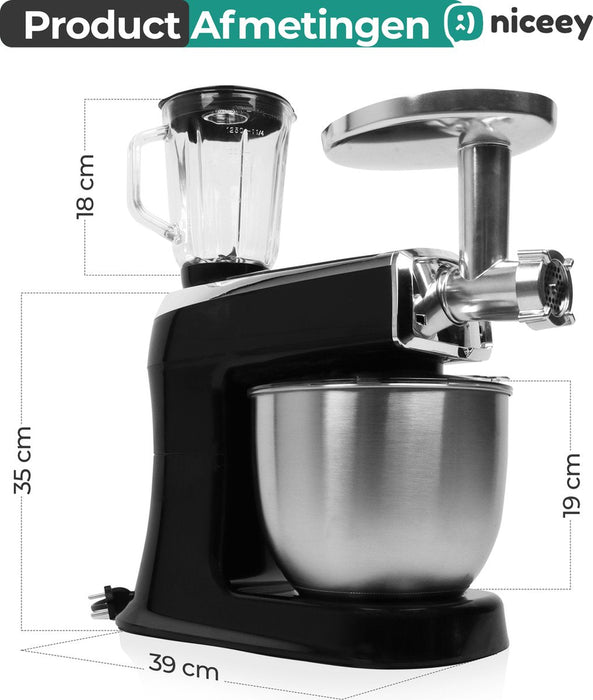 Niceey Keukenmachine 3-in-1 - Keukenrobot - Foodprocessor - 1500W - RVS Mengkom (7,5L) - Mixer met Garde Deeghaak Menghaak - Incl Gehaktmolen en Blender - Zwart