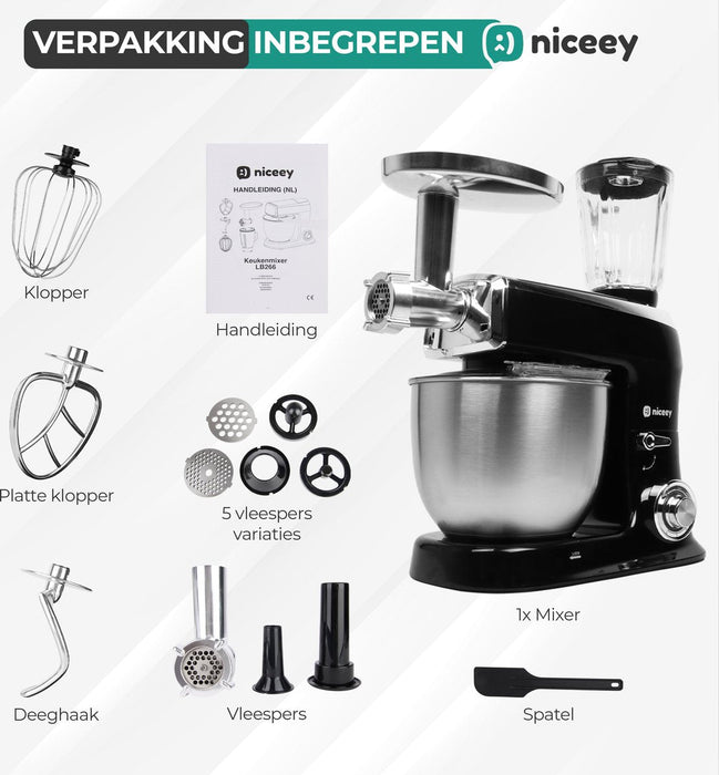 Niceey Keukenmachine 3-in-1 - Keukenrobot - Foodprocessor - 1500W - RVS Mengkom (7,5L) - Mixer met Garde Deeghaak Menghaak - Incl Gehaktmolen en Blender - Zwart