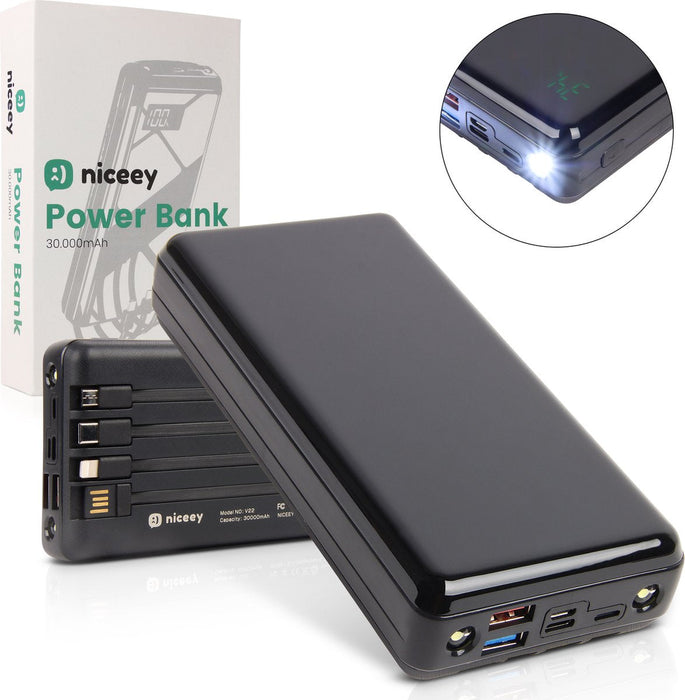 Niceey Powerbank - 30 000 mAh - pour téléphones et ordinateurs portables - Noir