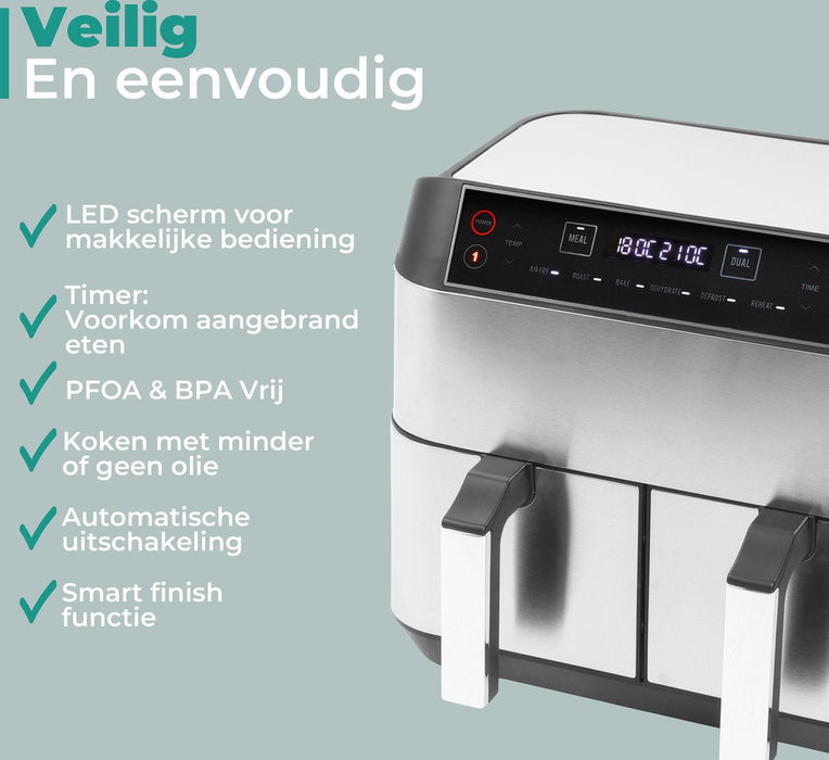 Niceey Dubbele Airfryer XXL - Twee Kookvakken - 8.0 Liter - 2460 Watt - Incl. Kookboek - Dual Functie - Zilver