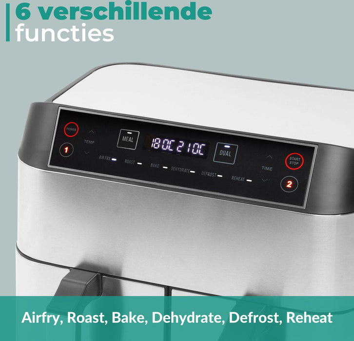 Niceey Dubbele Airfryer XXL - Twee Kookvakken - 8.0 Liter - 2460 Watt - Incl. Kookboek - Dual Functie - Zilver