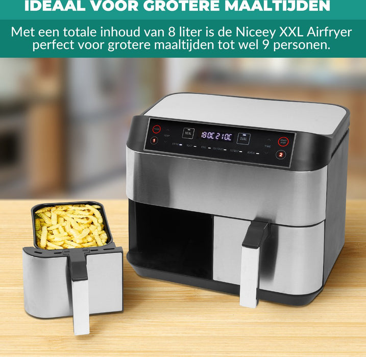 Niceey Dubbele Airfryer XXL - Twee Kookvakken - 8.0 Liter - 2460 Watt - Incl. Kookboek - Dual Functie - Zilver