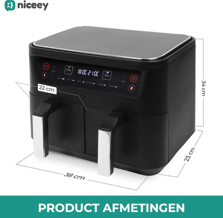 Niceey Dubbele Airfryer XXL - Twee Kookvakken - 8.0 Liter - 2460 Watt - Incl. Kookboek - Dual Functie - Zwart