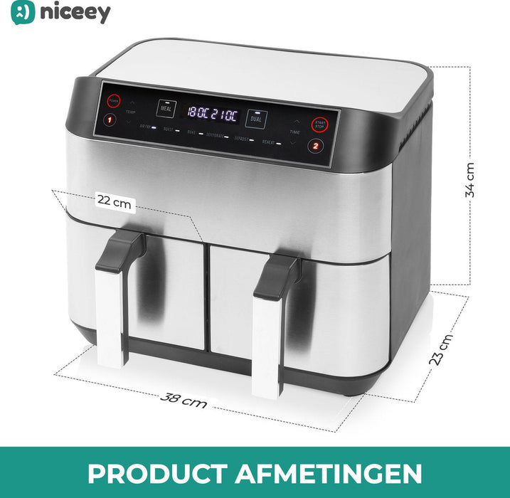 Niceey Dubbele Airfryer XXL - Twee Kookvakken - 8.0 Liter - 2460 Watt - Incl. Kookboek - Dual Functie - Zilver