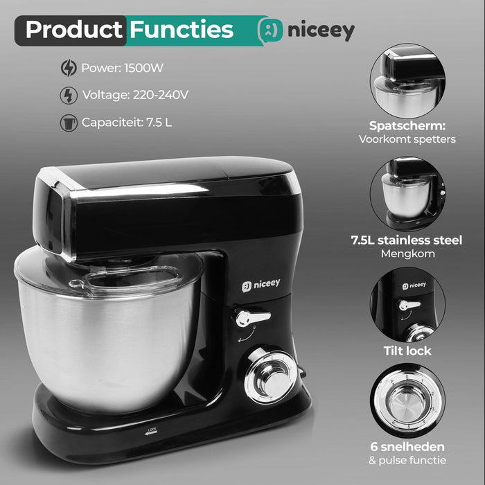 Niceey Keukenmachine 3-in-1 - Keukenrobot - Foodprocessor - 1500W - RVS Mengkom (7,5L) - Mixer met Garde Deeghaak Menghaak - Incl Gehaktmolen en Blender - Zwart