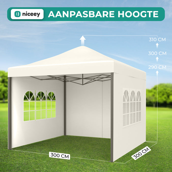 Niceey Partytent - 3x3m - Paviljoen - Opvouwbaar en Waterdicht - Easy Up - Draagtas met Wielen - Beige
