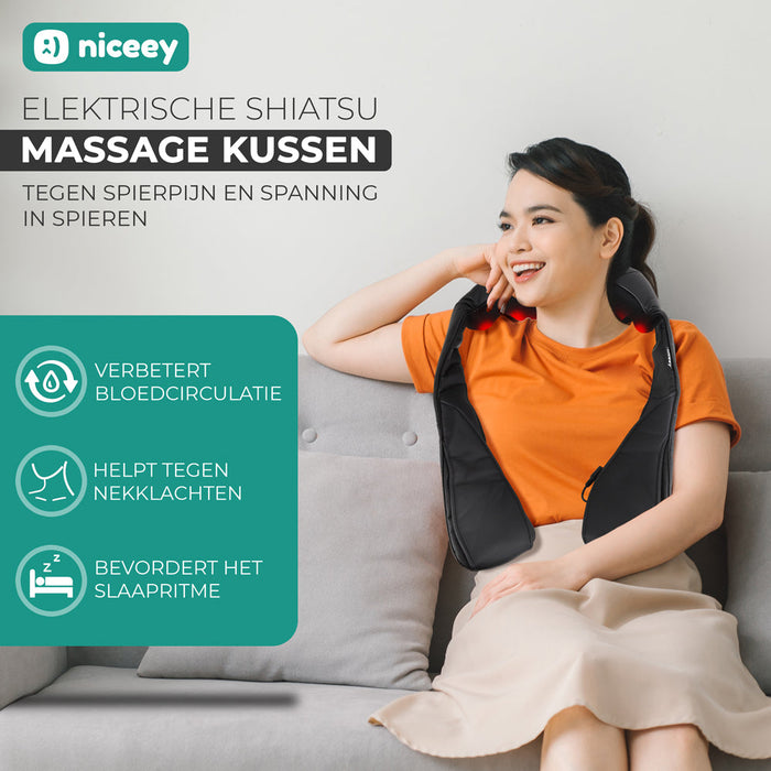 Coussin de massage Niceey Shiatsu - Masseur chauffant pour le cou et le dos - Noir
