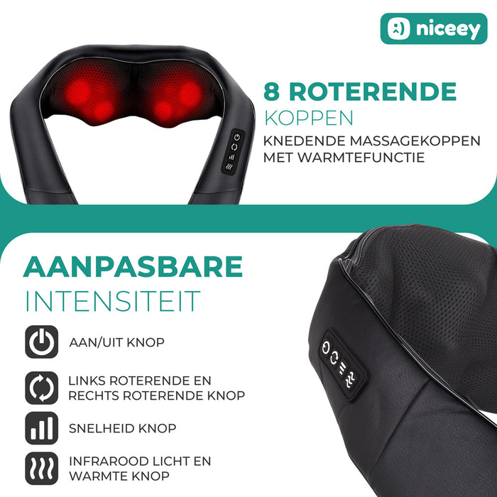 Coussin de massage Niceey Shiatsu - Masseur chauffant pour le cou et le dos - Noir