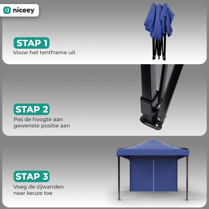 Tente de fête Niceey - 3x3m - Pavillon - Pliable et étanche - Facile à monter - Sac de transport à roulettes - Bleu foncé