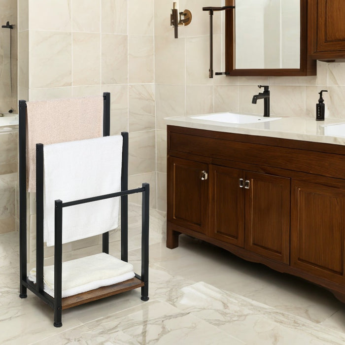 Porte-serviettes Niceey - 3 bras avec étagère de rangement - Métal et bois - Noir