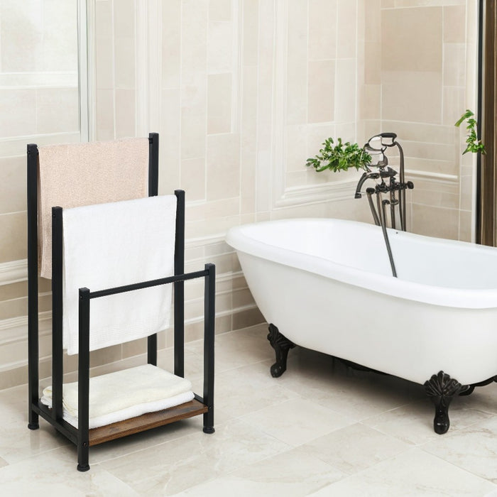 Porte-serviettes Niceey - 3 bras avec étagère de rangement - Métal et bois - Noir