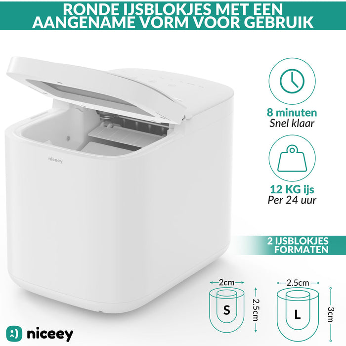 Machine à glaçons Niceey Pro - 2 Litres - 6-8 Min. - 12kg/24h - avec cuillère à glace - Blanc