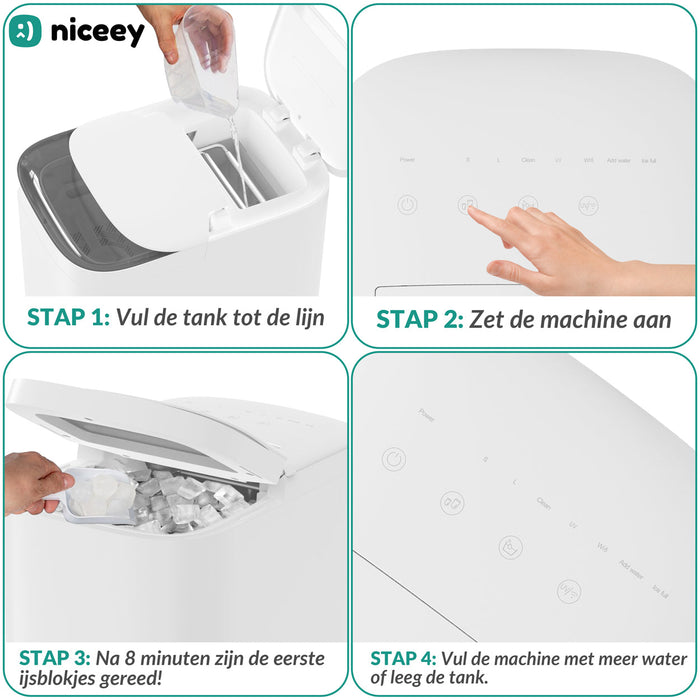 Machine à glaçons Niceey Pro - 2 Litres - 6-8 Min. - 12kg/24h - avec cuillère à glace - Blanc