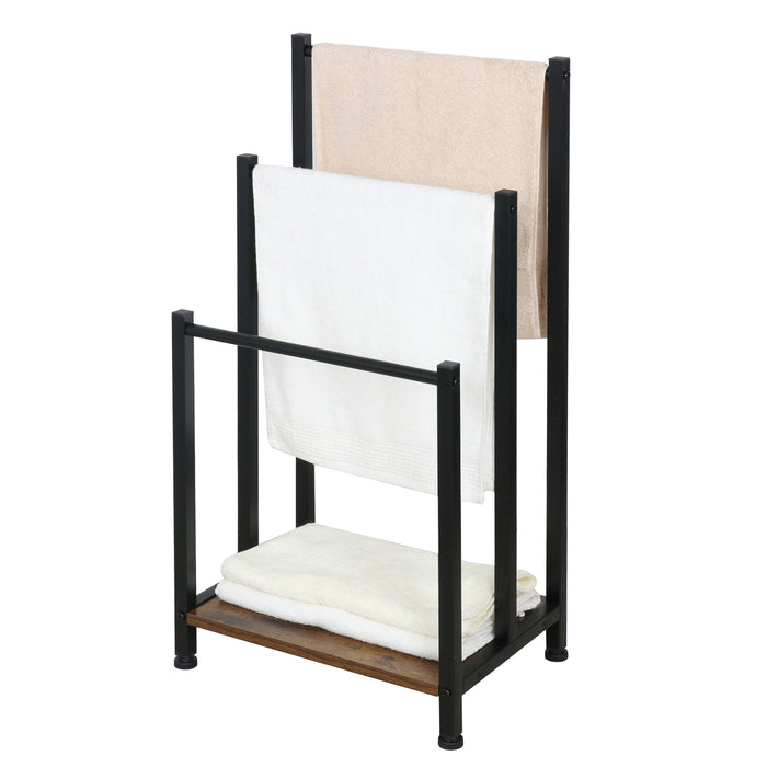 Porte-serviettes Niceey - 3 bras avec étagère de rangement - Métal et bois - Noir