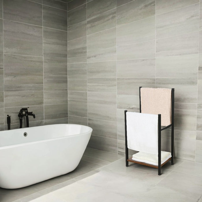 Porte-serviettes Niceey - 2 bras avec étagère de rangement - Métal et bois - Noir