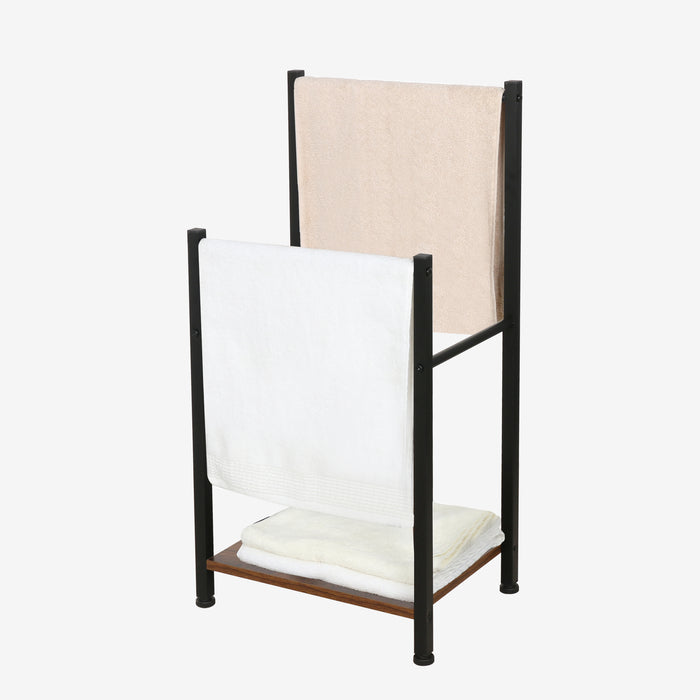 Porte-serviettes Niceey - 2 bras avec étagère de rangement - Métal et bois - Noir