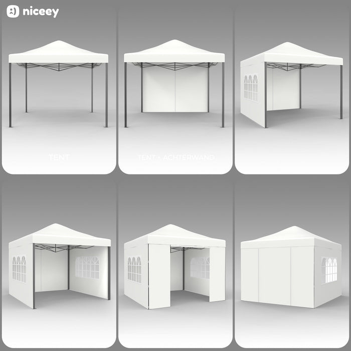 Tente de fête Niceey - 3x3m - Pavillon - Pliable et étanche - Facile à monter - Sac de transport à roulettes - Blanc