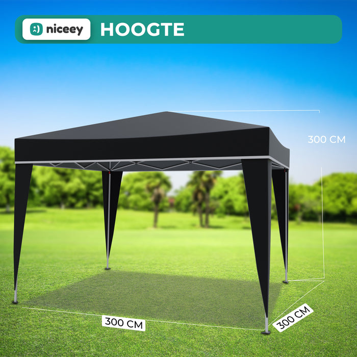 Tente de fête Niceey - 3x3m - Pavillon - Pliable et étanche - Tente de jardin - Facile à monter - Sac de transport à roulettes - Noir