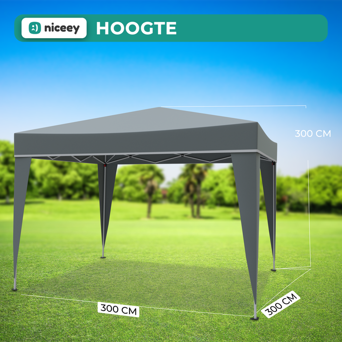 Tente de fête Niceey - 3x3m - Pavillon - Pliable et étanche - Tente de jardin - Facile à monter - Sac de transport à roulettes - Gris