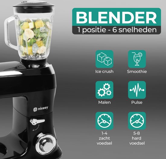 Niceey Keukenmachine 3-in-1 - Keukenrobot - Foodprocessor - 1500W - RVS Mengkom (7,5L) - Mixer met Garde Deeghaak Menghaak - Incl Gehaktmolen en Blender - Zwart