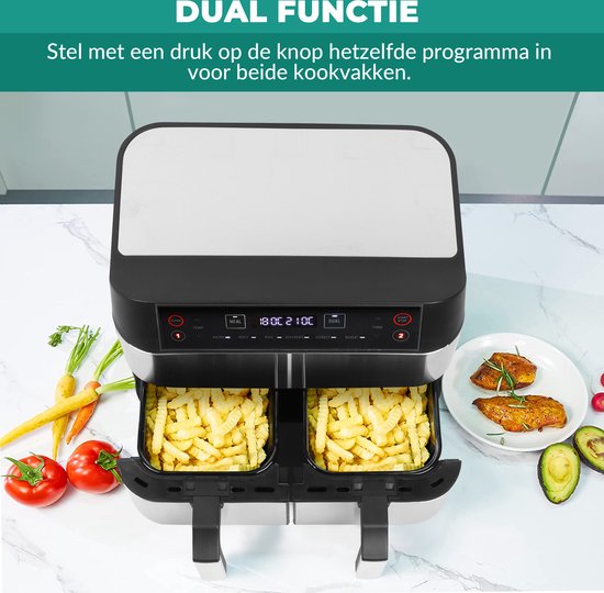 Niceey Dubbele Airfryer XXL - Twee Kookvakken - 8.0 Liter - 2460 Watt - Incl. Kookboek - Dual Functie - Zilver