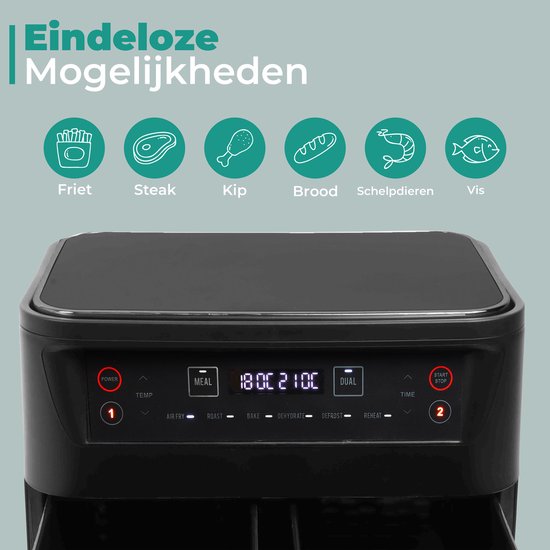 Niceey Dubbele Airfryer XXL - Twee Kookvakken - 8.0 Liter - 2460 Watt - Incl. Kookboek - Dual Functie - Zwart