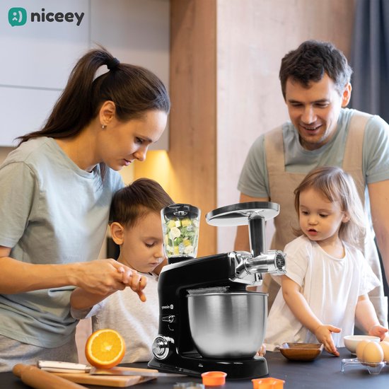 Niceey Keukenmachine 3-in-1 - Keukenrobot - Foodprocessor - 1500W - RVS Mengkom (7,5L) - Mixer met Garde Deeghaak Menghaak - Incl Gehaktmolen en Blender - Zwart