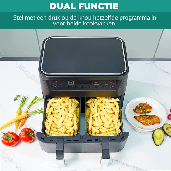 Niceey Dubbele Airfryer XXL - Twee Kookvakken - 8.0 Liter - 2460 Watt - Incl. Kookboek - Dual Functie - Zwart
