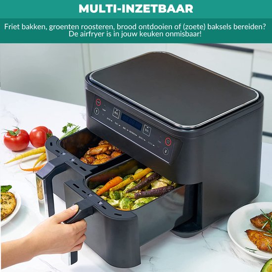 Niceey Dubbele Airfryer XXL - Twee Kookvakken - 8.0 Liter - 2460 Watt - Incl. Kookboek - Dual Functie - Zwart