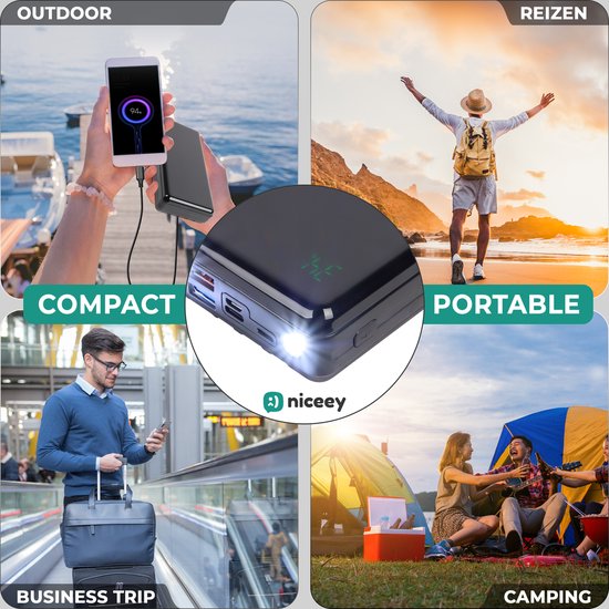Niceey Powerbank - 30 000 mAh - pour téléphones et ordinateurs portables - Noir
