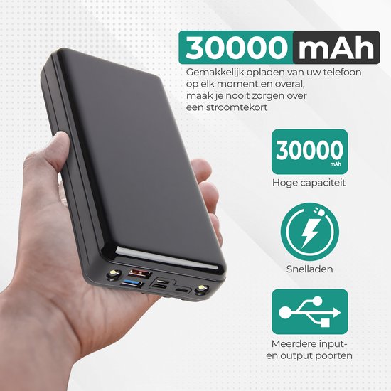 Niceey Powerbank - 30 000 mAh - pour téléphones et ordinateurs portables - Noir