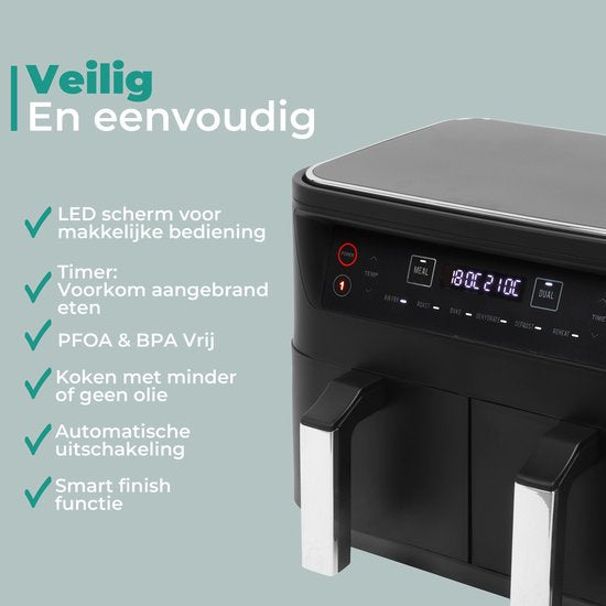 Niceey Dubbele Airfryer XXL - Twee Kookvakken - 8.0 Liter - 2460 Watt - Incl. Kookboek - Dual Functie - Zwart