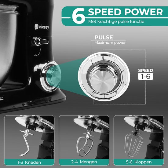 Niceey Keukenmachine 3-in-1 - Keukenrobot - Foodprocessor - 1500W - RVS Mengkom (7,5L) - Mixer met Garde Deeghaak Menghaak - Incl Gehaktmolen en Blender - Zwart