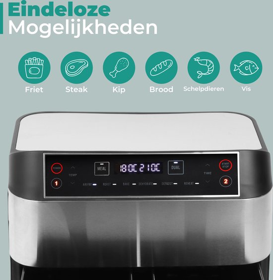 Niceey Dubbele Airfryer XXL - Twee Kookvakken - 8.0 Liter - 2460 Watt - Incl. Kookboek - Dual Functie - Zilver
