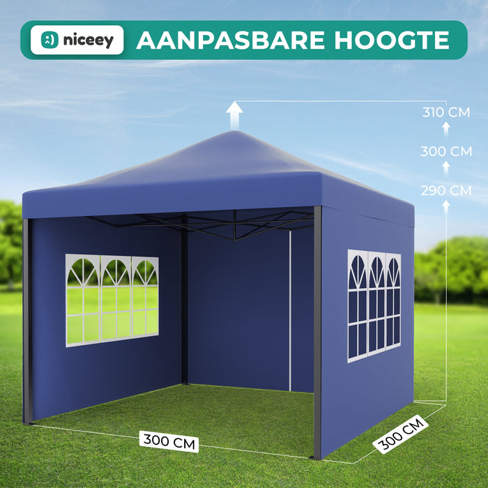 Tente de fête Niceey - 3x3m - Pavillon - Pliable et étanche - Facile à monter - Sac de transport à roulettes - Bleu foncé