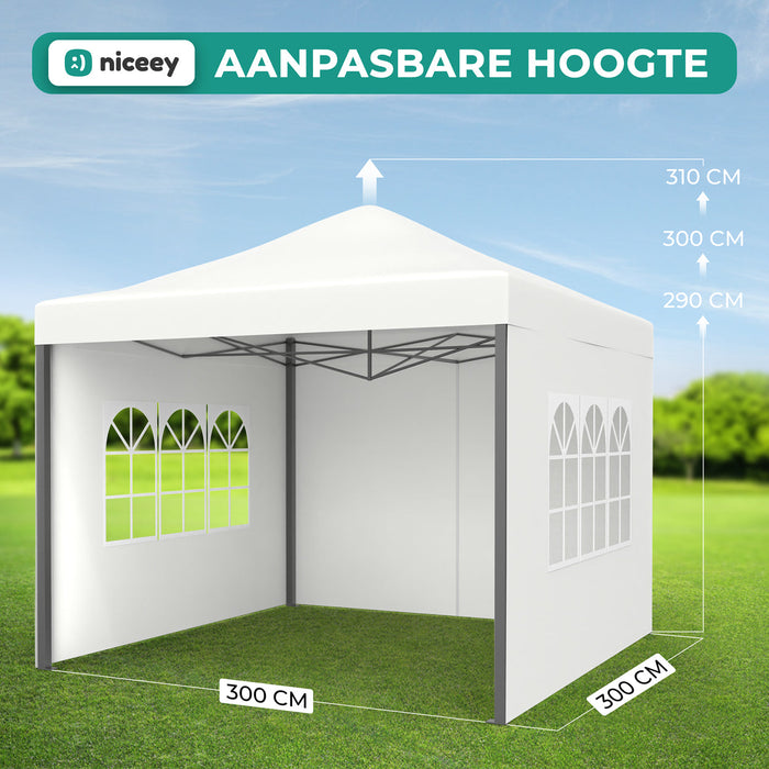 Tente de fête Niceey - 3x3m - Pavillon - Pliable et étanche - Facile à monter - Sac de transport à roulettes - Blanc