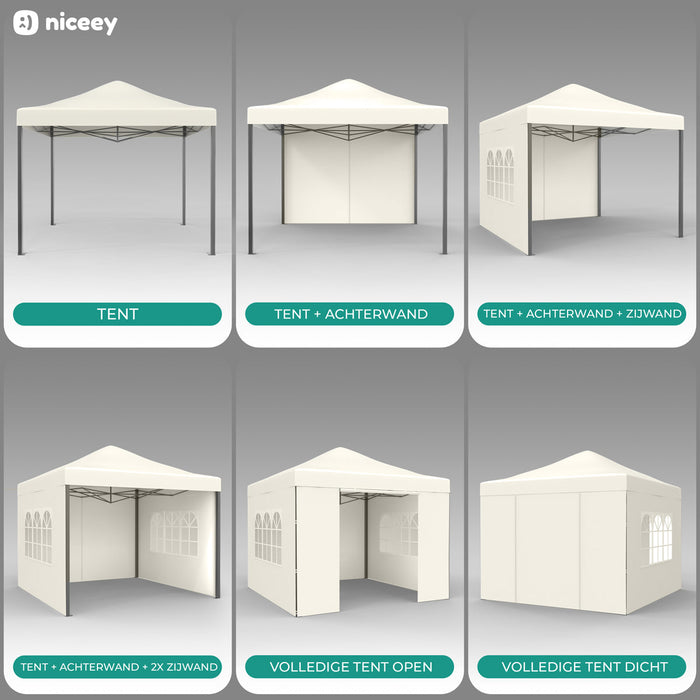 Niceey Partytent - 3x3m - Paviljoen - Opvouwbaar en Waterdicht - Easy Up - Draagtas met Wielen - Beige