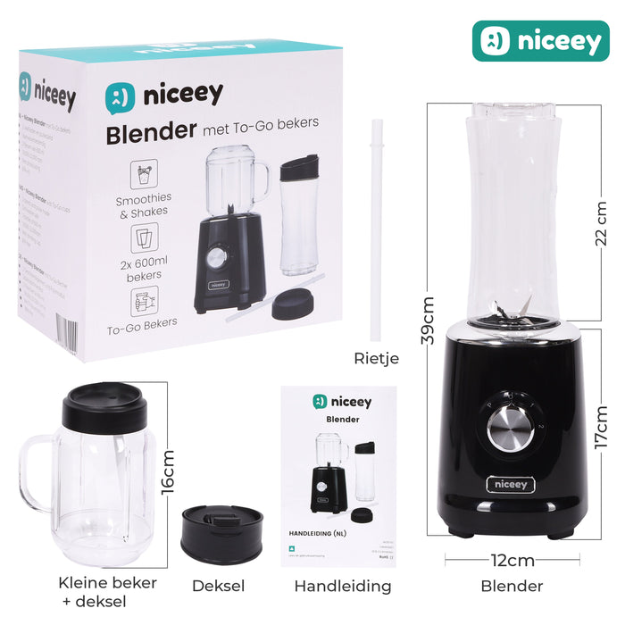 Mini Blender Niceey - Machine à Smoothie - 500W - Noir
