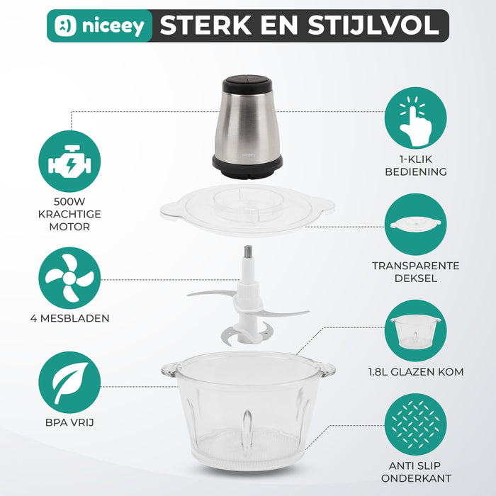 Hachoir Niceey - 2 Vitesses - 500W - 2L - Bol en Verre