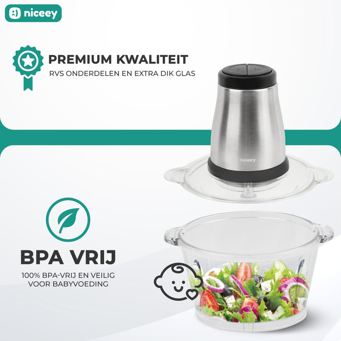 Hachoir Niceey - 2 Vitesses - 500W - 2L - Bol en Verre