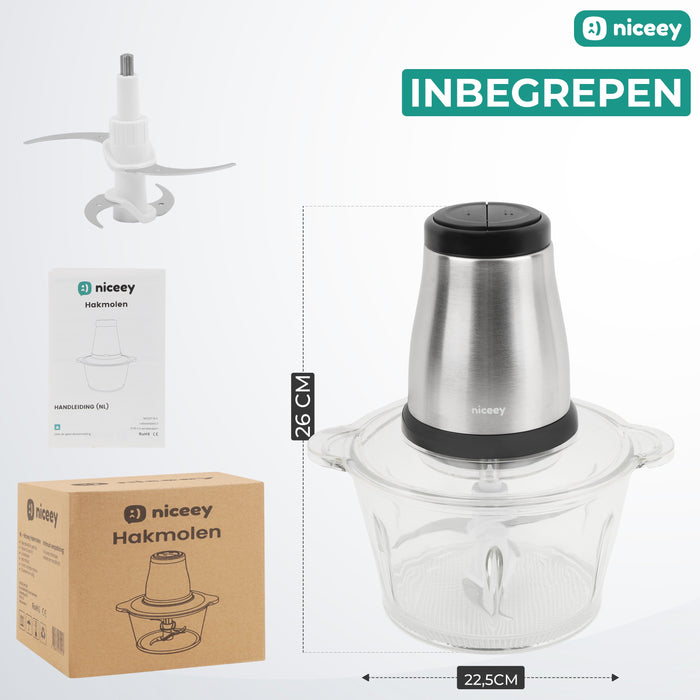 Hachoir Niceey - 2 Vitesses - 500W - 2L - Bol en Verre
