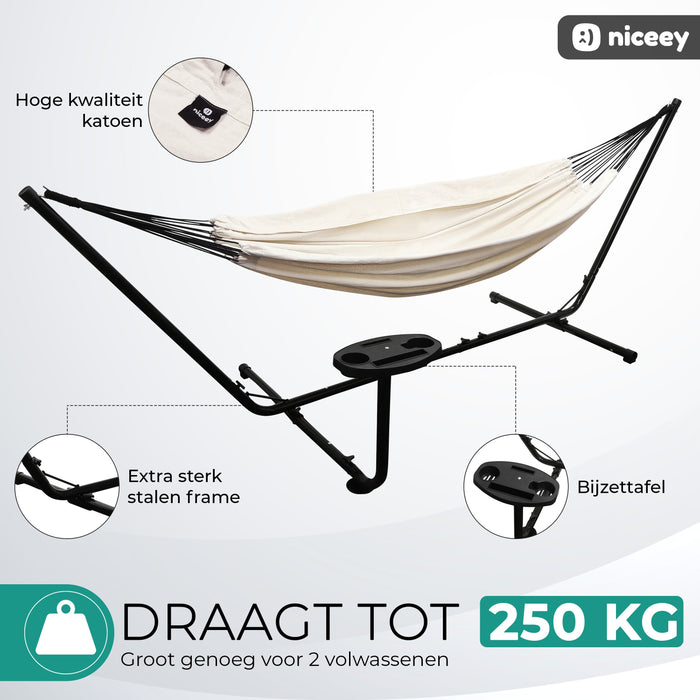 Hamac Niceey avec support – 2 personnes – Incl. Porte-gobelet – 250kg - Beige