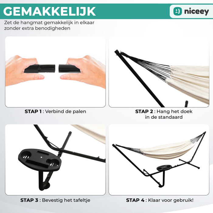 Hamac Niceey avec support – 2 personnes – Incl. Porte-gobelet – 250kg - Beige