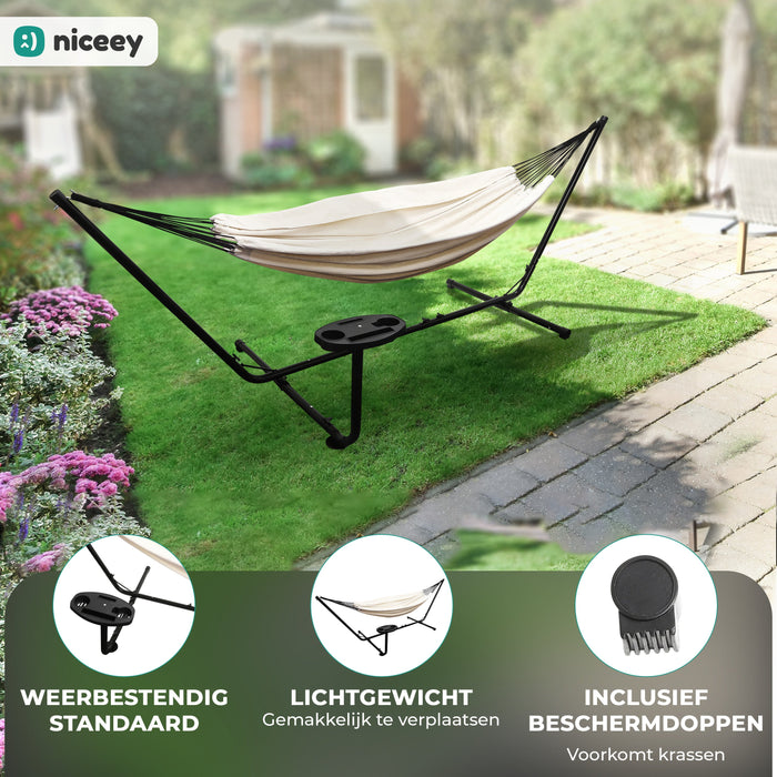Hamac Niceey avec support – 2 personnes – Incl. Porte-gobelet – 250kg - Beige