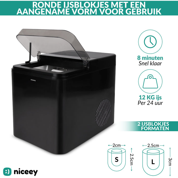 Machine à Glaçons Niceey Plus - 2 Litres - 6-8 Min. - 12kg/24h - avec cuillère à glace - Noir