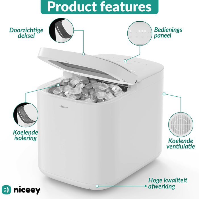 Machine à glaçons Niceey Pro - 2 Litres - 6-8 Min. - 12kg/24h - avec cuillère à glace - Blanc