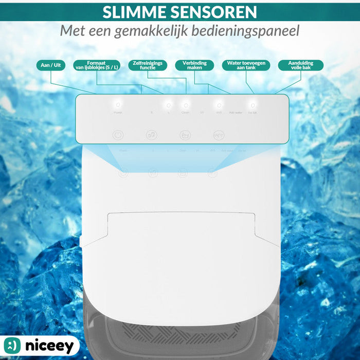 Machine à glaçons Niceey Pro - 2 Litres - 6-8 Min. - 12kg/24h - avec cuillère à glace - Blanc