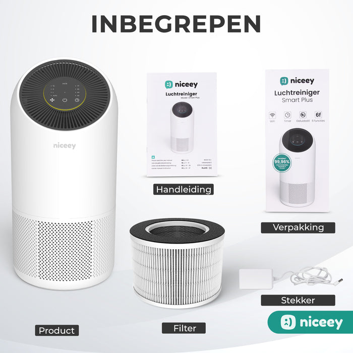 Niceey Luchtreiniger - CADR: 300 m³/h - HEPA 13 - Koolstoffilter - Wit